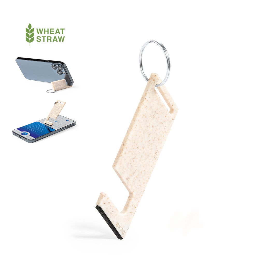 A multifunction keyring made from wheat straw, featuring a phone stand design and a silver ring attachment. Glasgol Multifunction Keyring - Image 1