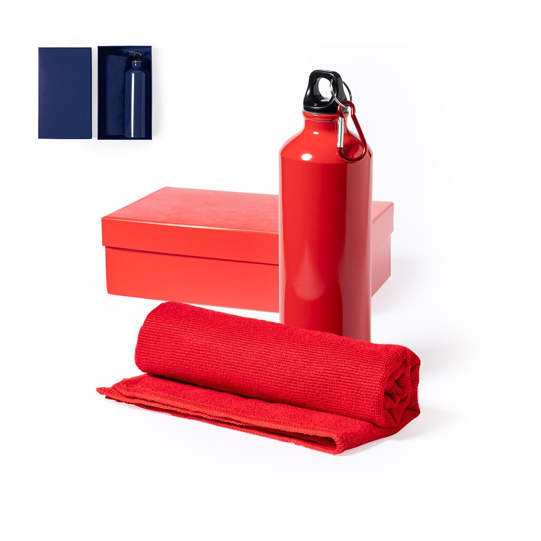 A red drink bottle with a black cap and a red towel, presented in a red gift box. The image includes a blue box in the corner. Cloister Set - Image 1