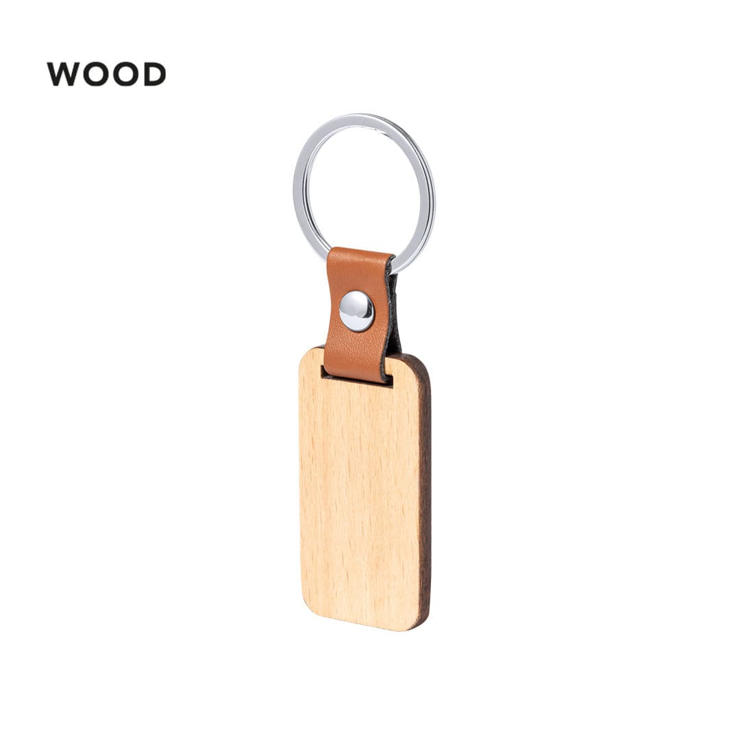 A wooden keyring with a leather strap and metal ring, featuring a natural wood finish and brown leather. Mappets Keyring - Image 1