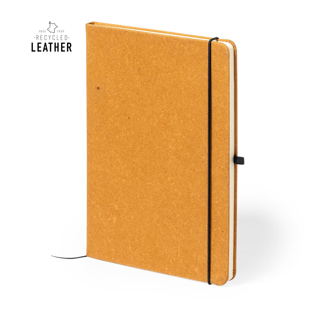 A notepad with a brown recycled leather cover and black elastic closure, featuring a simple, minimalist design. Tefan Notepad - Image 1
