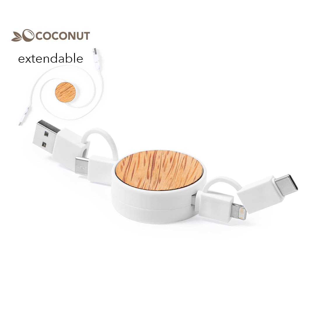 An extendable charging cable in white with a circular wooden accent, featuring USB and USB-C connectors. Rizzo Charging Cable - Image 1
