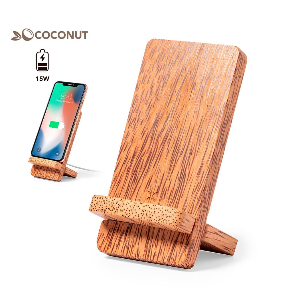 A wireless charger with a wooden finish, featuring a phone stand and a logo at the top. Grodin Charger - Image 1