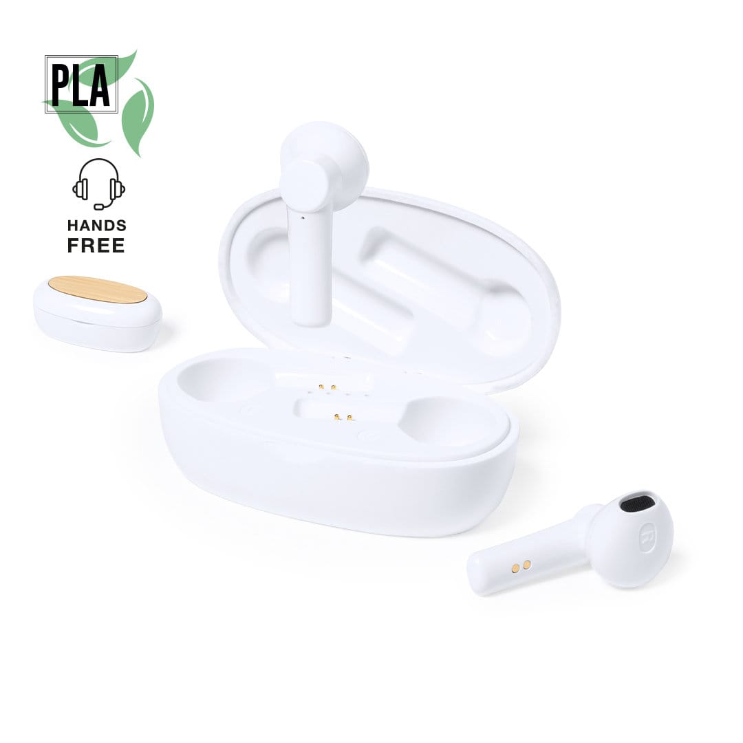 A pair of white wireless earbuds in a charging case, featuring a logo and eco-friendly badge. Kermit - Image 1