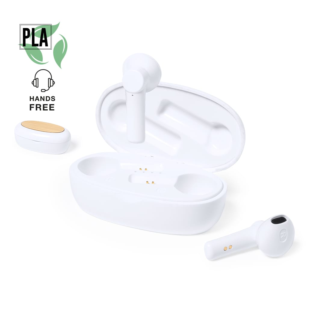 White Kermit Earphones in a charging case, featuring a simple design and a small logo. Kermit Earphones - Image 1