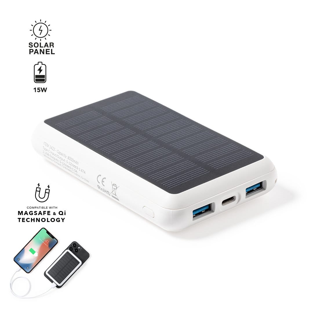 A power bank with a solar panel, featuring two USB ports and a sleek white design. Includes a logo. Maddy Power Bank - Image 1