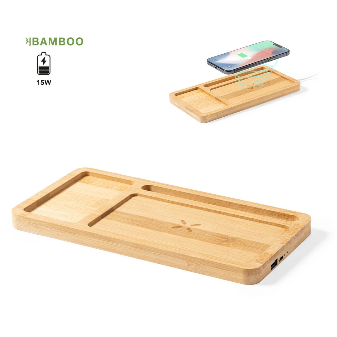 A bamboo wireless charger with a compartment for organising items, featuring a sleek, natural wood finish. Golbar Organizer Charger - Image 1