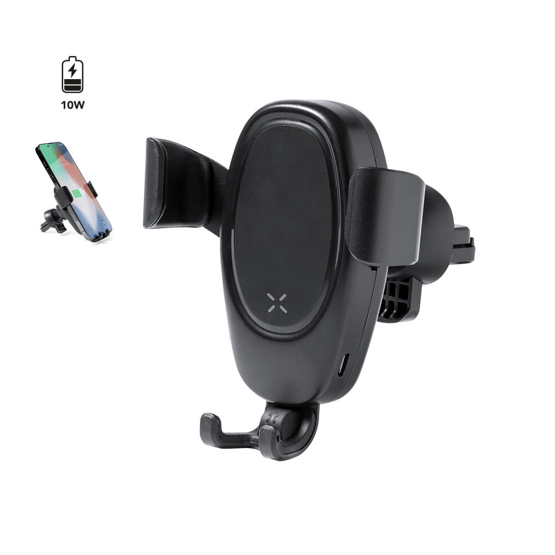 A black car phone holder with adjustable grips and a charging function, designed for various smartphone sizes. Odwey Charger Holder - Image 1