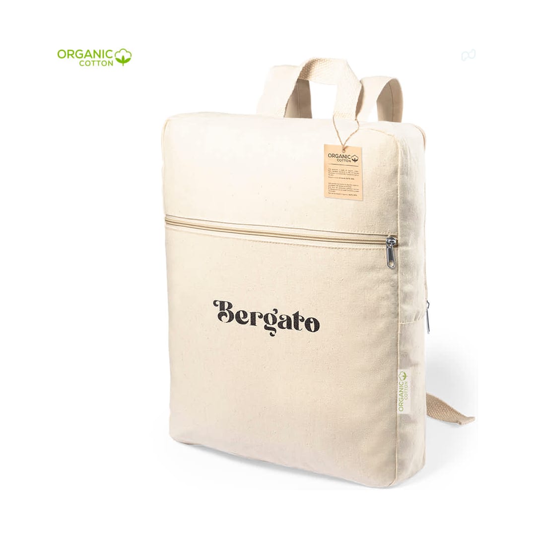 A tan organic cotton backpack with a front zipper pocket and shoulder straps. It has a logo on the front. Lagrit Backpack - Image 1