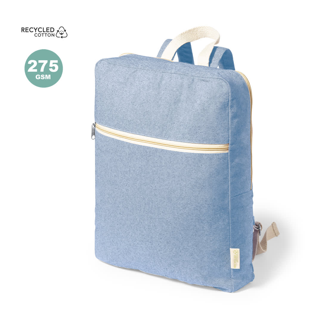 A blue backpack made from recycled cotton, featuring a zipper pocket on the front and adjustable straps. Nidoran Backpack - Image 1