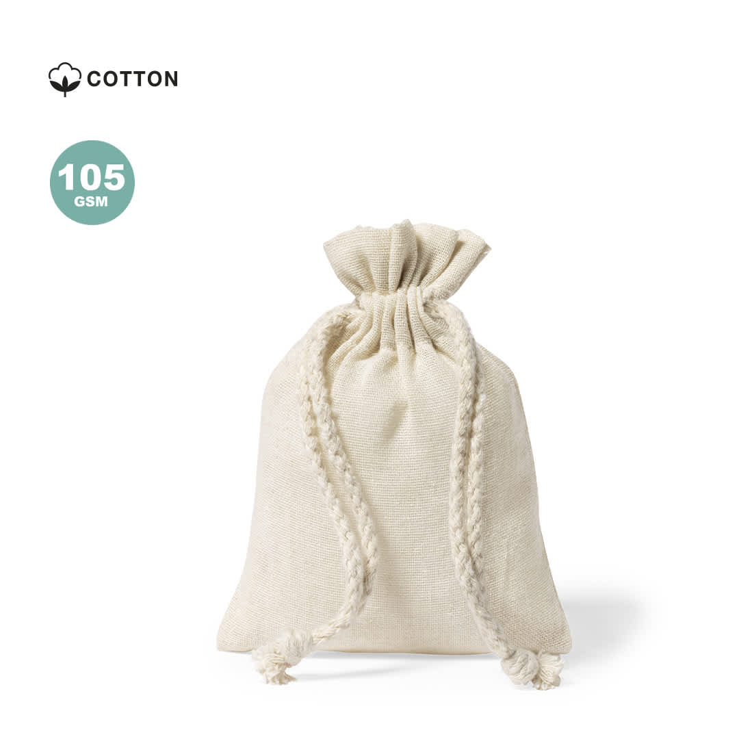 A cream drawstring bag made of cotton with braided cords and a gathered top, featuring a logo. Seaking Bag - Image 1