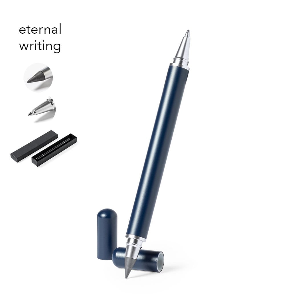 A metallic pen in navy blue with a silver tip and a matching cap, displayed with packaging. Holwick Eternal Pencil Pen - Image 1