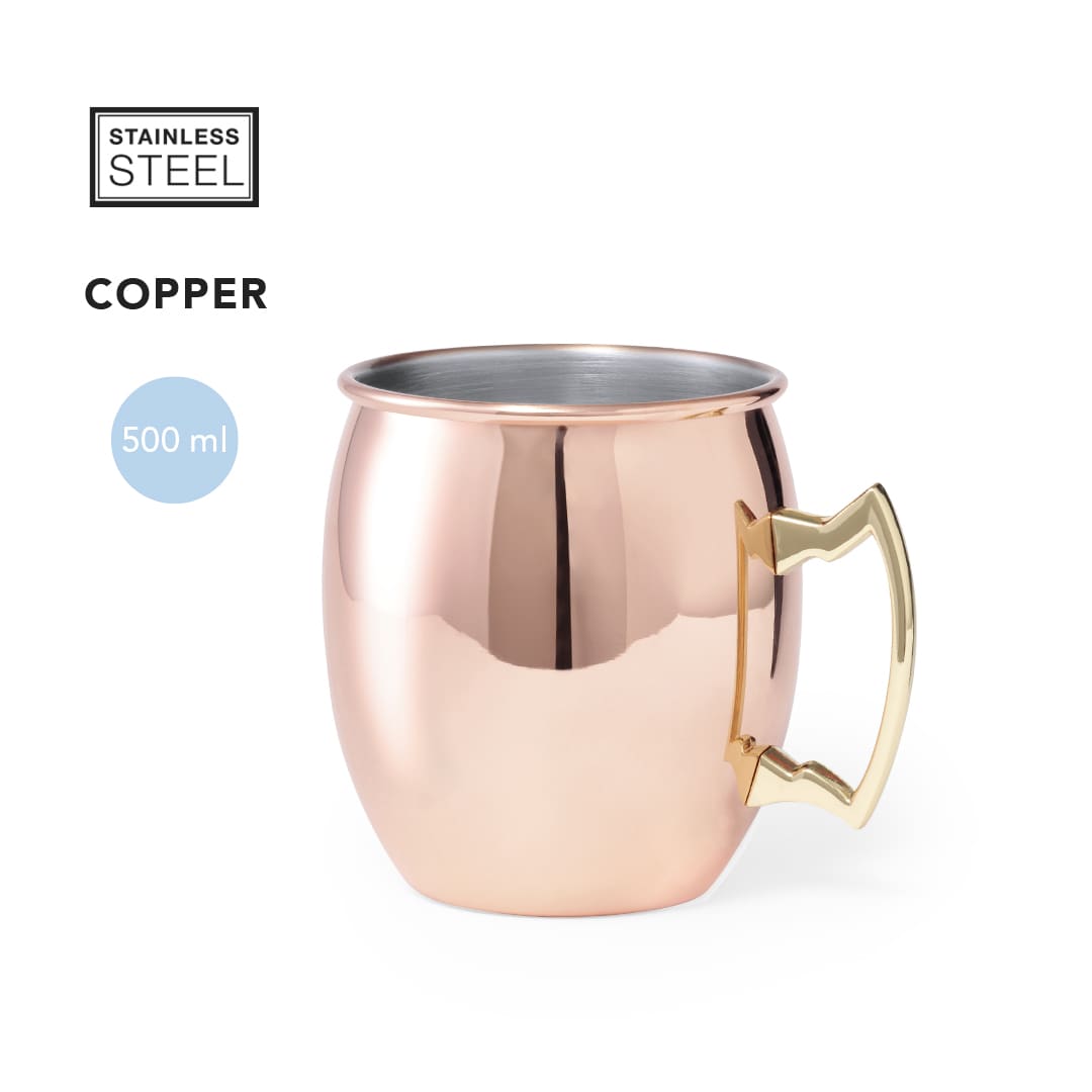 A copper mug with a stainless steel interior and a gold-toned handle, featuring a smooth, shiny surface. Keynes Mug - Image 1