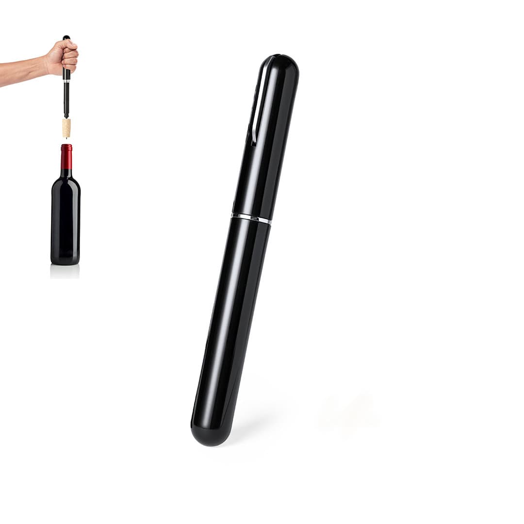 A black corkscrew with a sleek design, positioned alongside a wine bottle and a hand removing a cork. Greymuz Corkscrew - Image 1