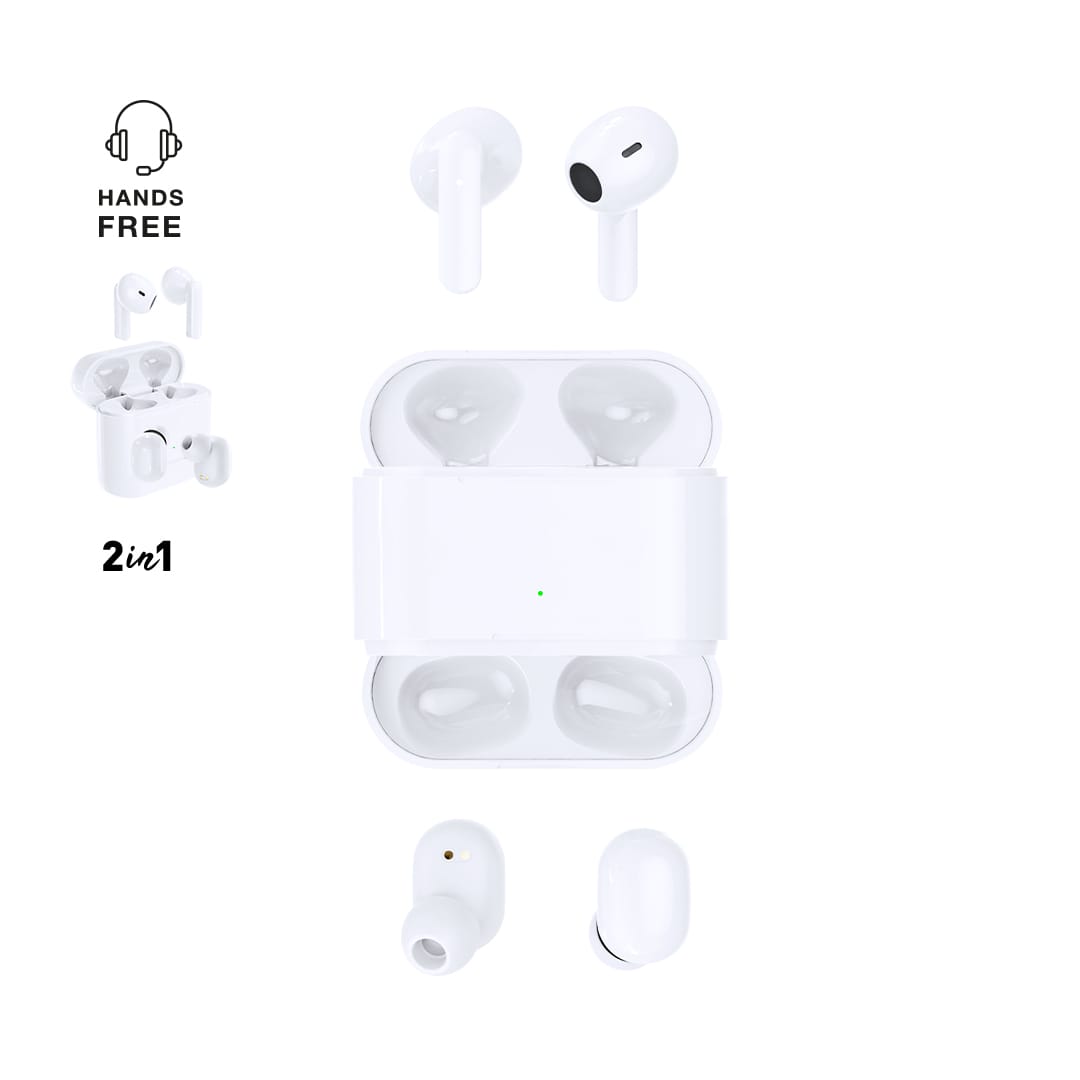 White Baksen Earphones in a charging case, with additional earbud components around it, featuring a logo. Baksen Earphones - Image 1