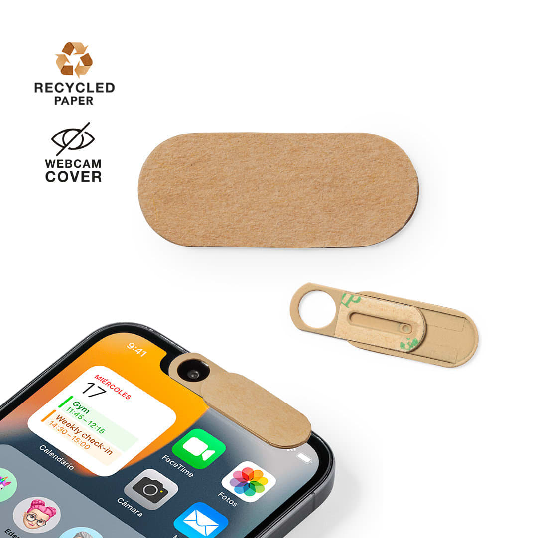 A webcam cover made of recycled paper in a natural brown colour, featuring a sliding mechanism for privacy. Baley - Image 1