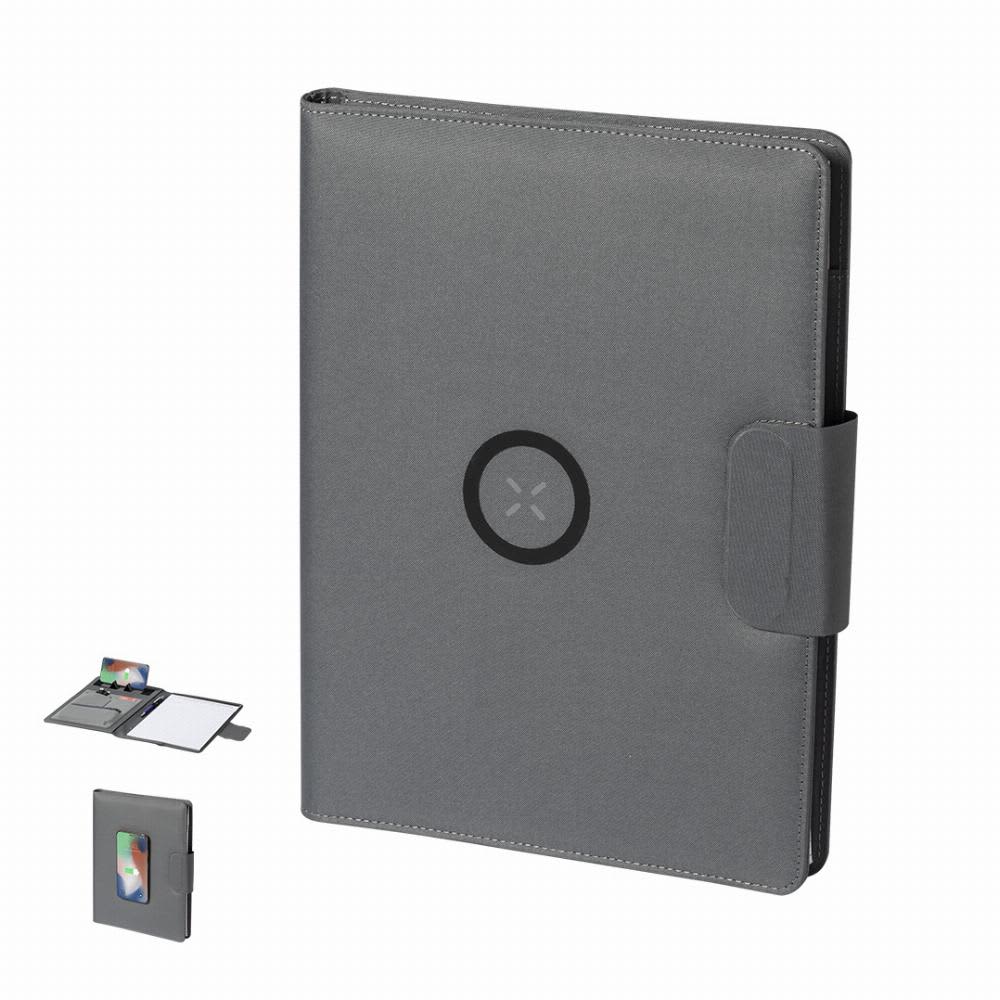 A grey folder with a magnetic closure and a circular logo, featuring a flap for a device and a notepad inside. Harbur - Image 1