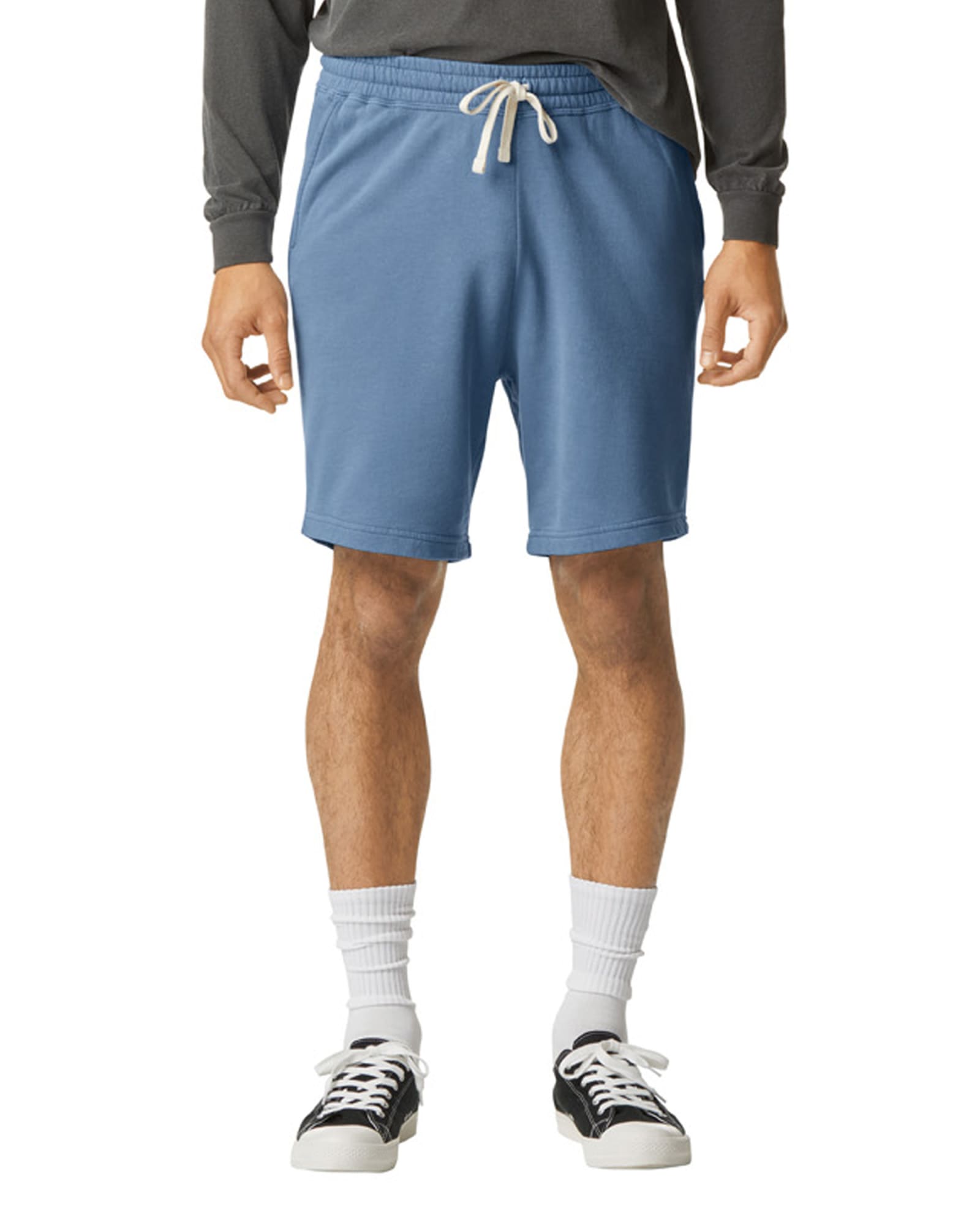 Lightweight sweatshorts in light blue, featuring an elastic waistband with a drawstring and a logo. Comfort Colors Lightweight Sweatshorts - Image 1
