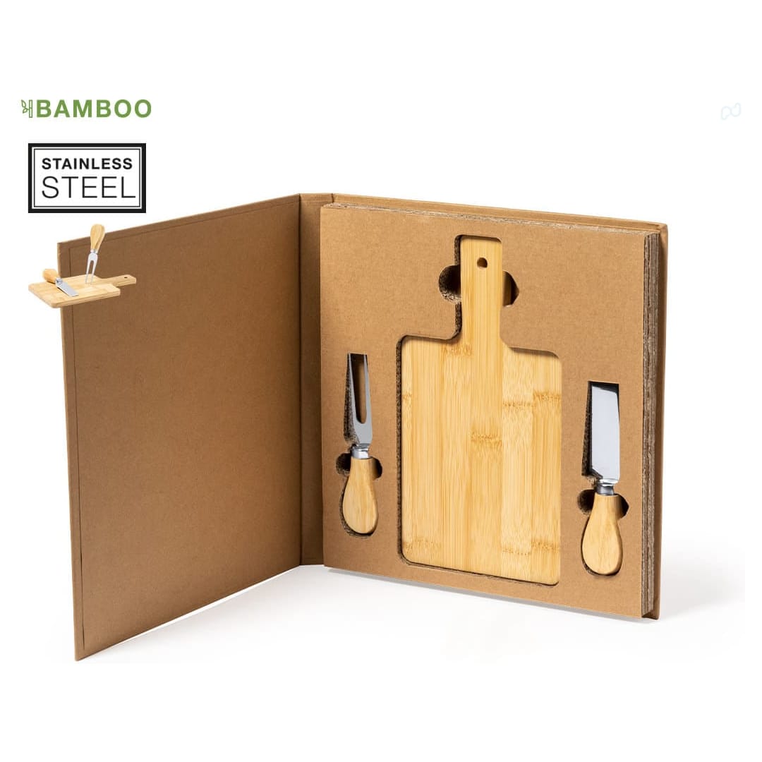 A bamboo cheese board set with stainless steel knives, presented in a brown cardboard packaging. Tauroa Cheese Knife Set - Image 1
