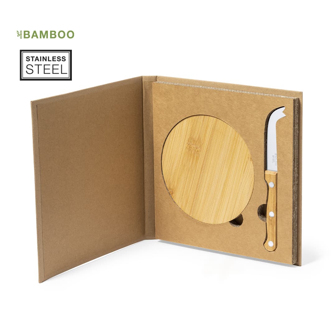 A bamboo cheese board with a stainless steel knife, presented in a brown cardboard case. Features a logo. Nestor Cheese Knife Set - Image 1