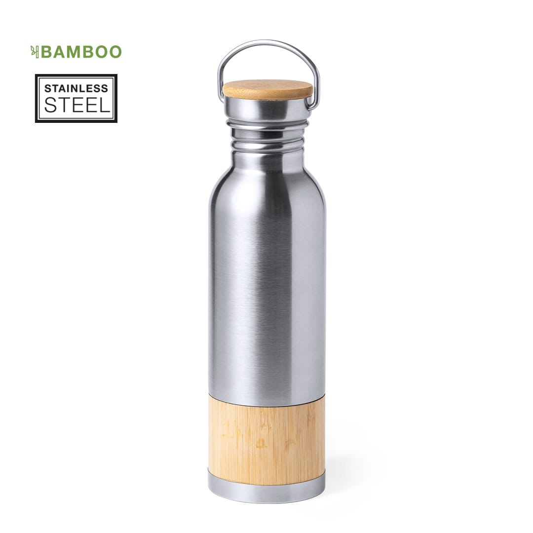 A drink bottle made of stainless steel with a bamboo base and a metal handle. Gaucix - Image 1