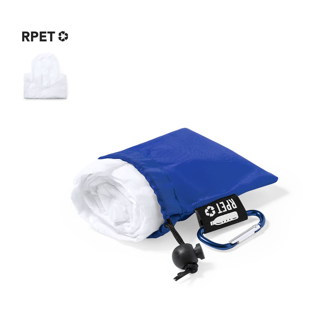 A blue Brinek Raincoat folded compactly in a pouch with a carabiner attachment. The pouch has a drawstring closure. Brinek Raincoat - Image 1
