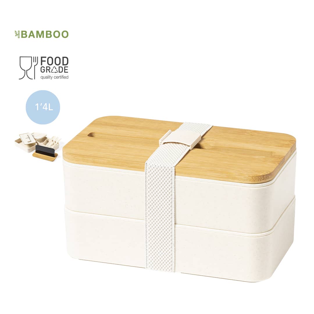 A two-tier lunch box in white with a bamboo lid and a silicone strap. Includes food-grade materials and a logo. Graftan Lunch Box - Image 1