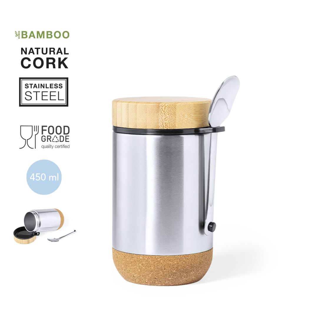 A stainless steel container with a cork base and a bamboo lid, featuring a spoon attached to the side. Cambrix Lunch Box - Image 1