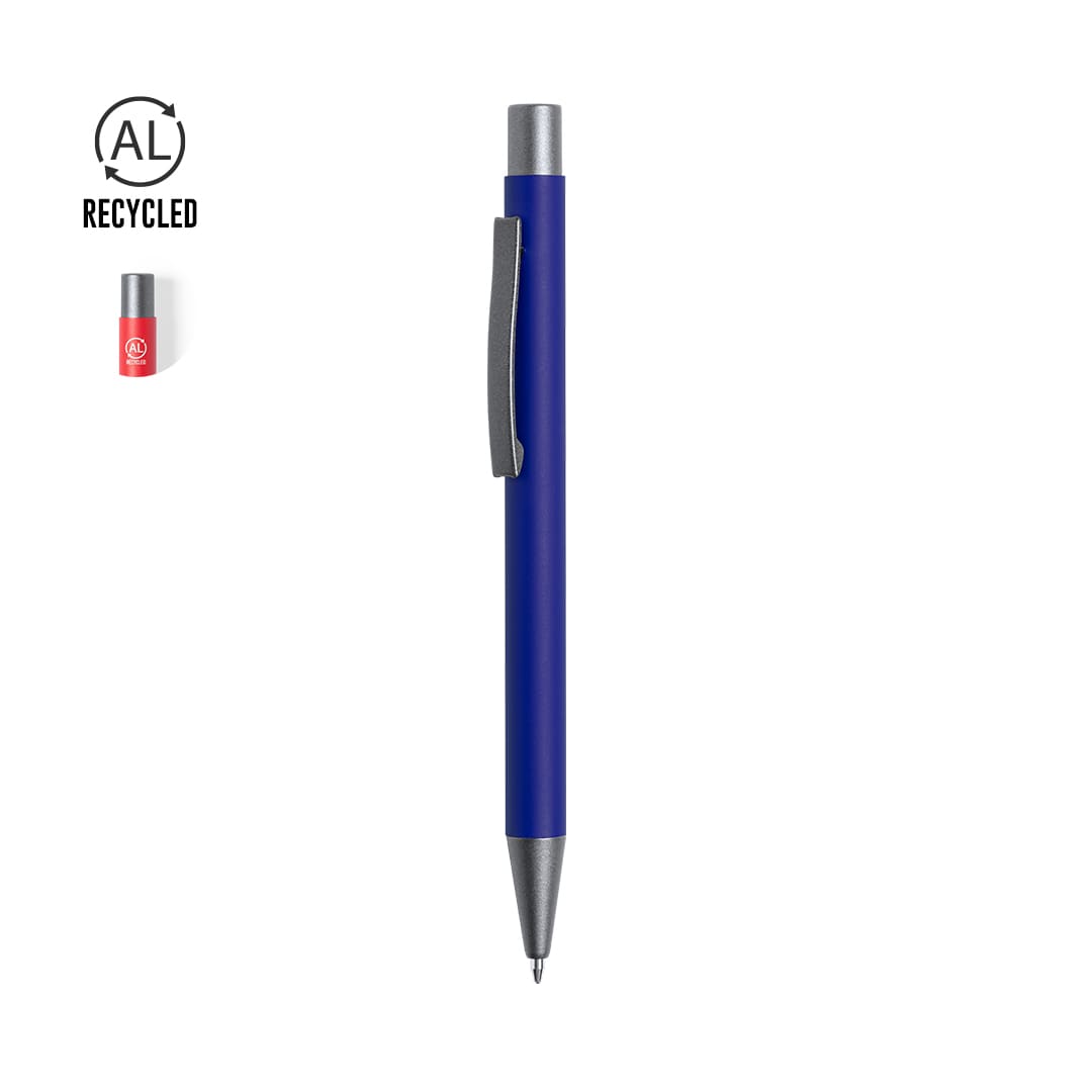 A blue metal pen with a silver clip and a logo, featuring a sleek design and recyclable materials. Brincio Pen - Image 1
