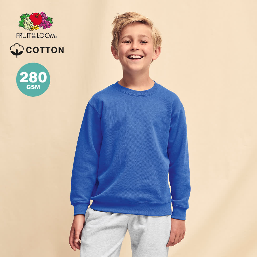 A blue kids' sweatshirt made of cotton, featuring a simple design and a logo in the corner. Classic Set-In Sweat Kids Sweatshirt - Image 1