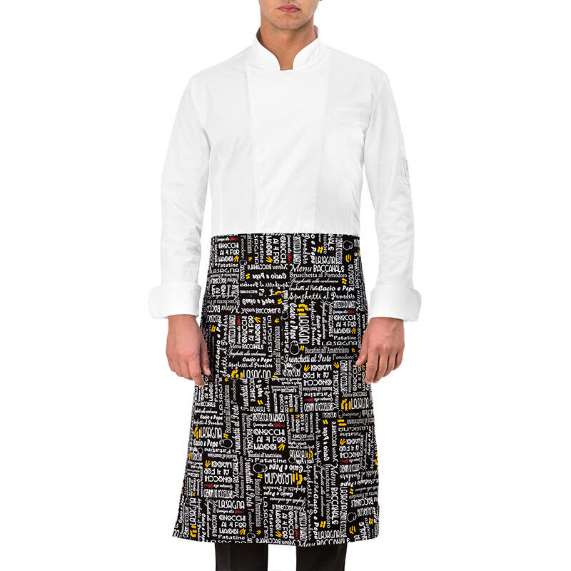A white apron with a black lower section featuring various text patterns and a logo. Zagabria Apron - Image 1