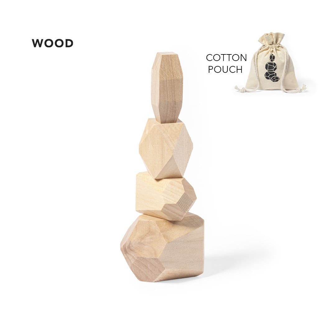 A wooden stacking game featuring various geometric shapes in natural wood tones, accompanied by a cotton pouch. Ketel Skill Game - Image 1