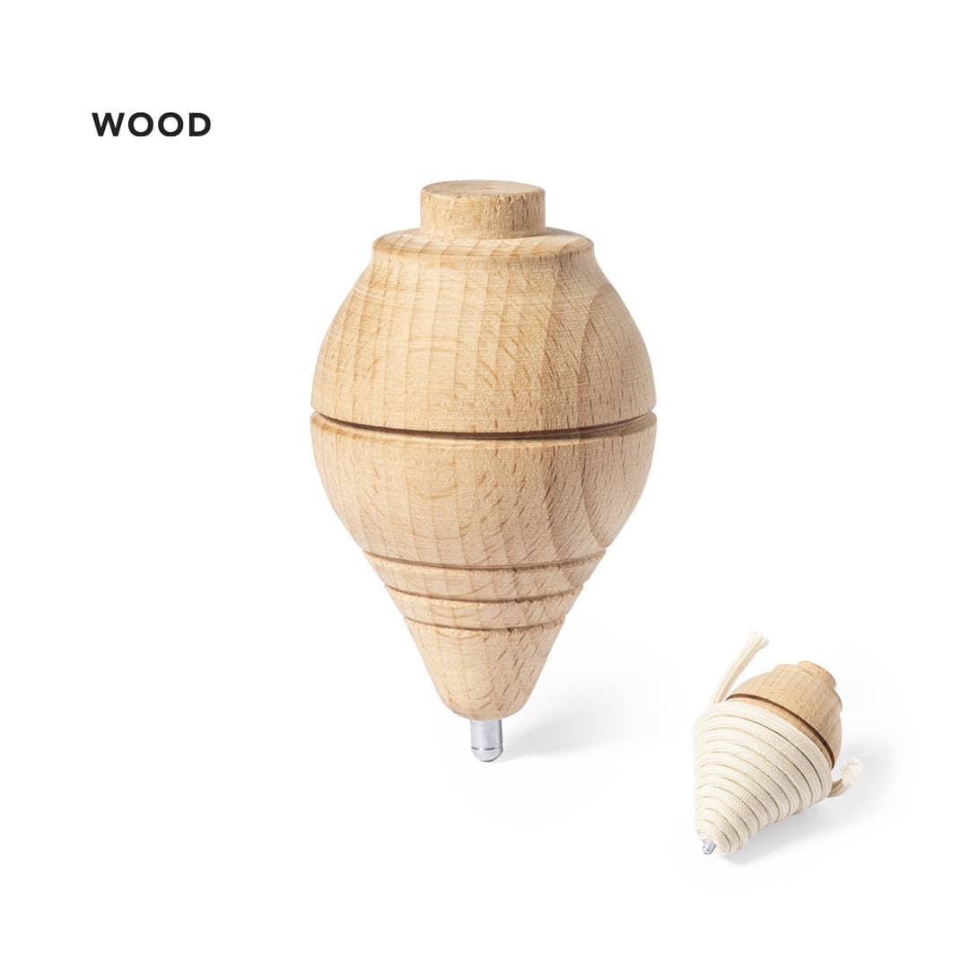 A wooden spinning top with a smooth, rounded design in natural wood tones, accompanied by a smaller top. Gupy Spinning Top - Image 1