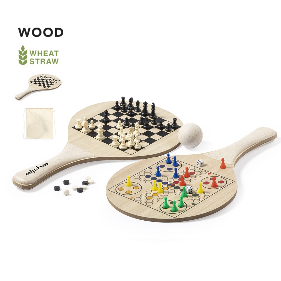 Two wooden beach rackets, one featuring a chessboard and the other a colourful board game layout, with a ball and game pieces. Pecter Beach Rackets - Image 1