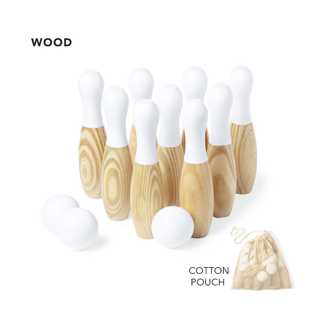 A set of wooden skittles in natural wood and white, with three white balls, packaged in a cotton pouch. Spare Game Skittles - Image 1
