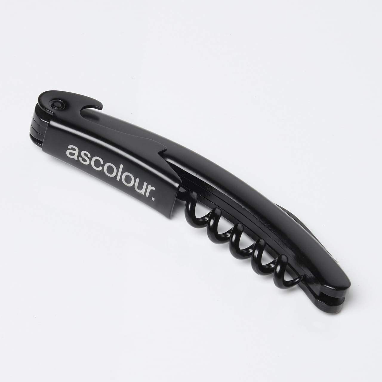 A drink bottle corkscrew in black with a sleek design, featuring a branding logo. ASC Corkscrew - Image 1