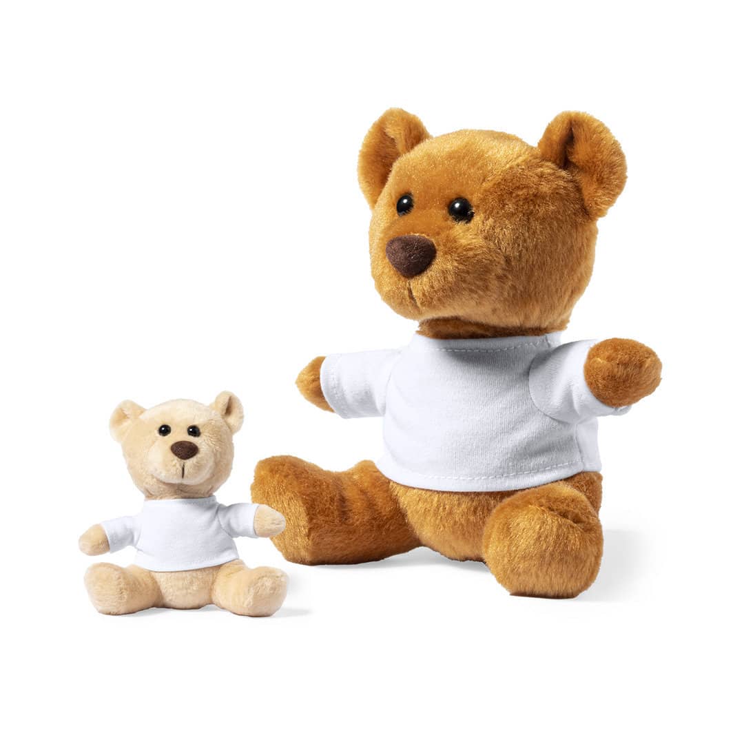 A pair of brown plush teddy bears, one large and one small, wearing white T-shirts. The larger bear is seated. Sincler Teddy - Image 1