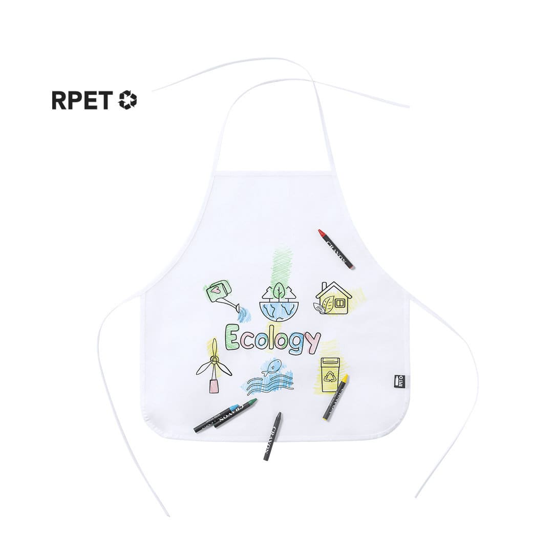 A white apron with eco-themed drawings and several fabric markers arranged around it. It features a logo. Mayfil Apron - Image 1