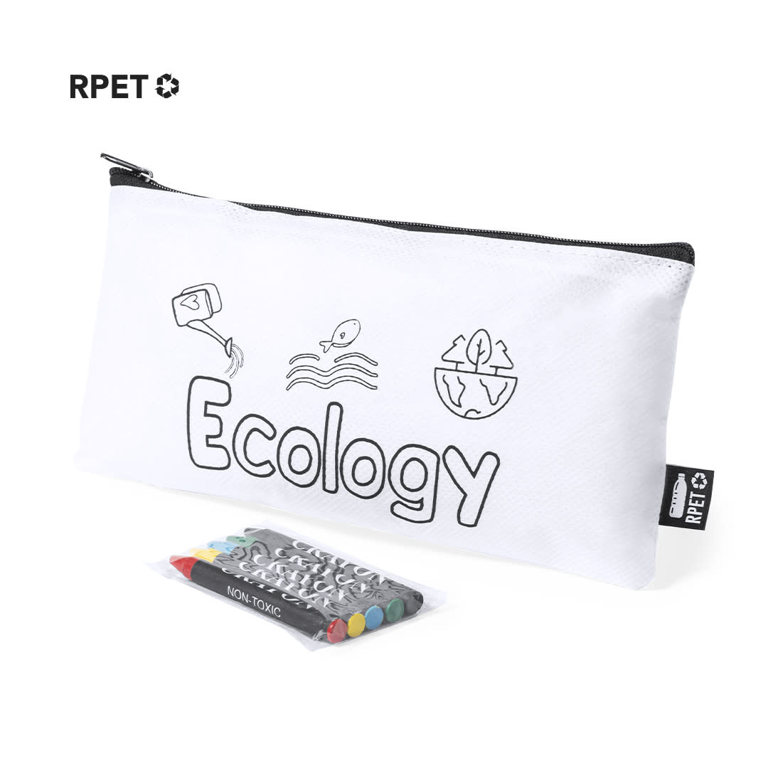 A white pencil case with a zip closure, featuring minimalistic drawings and a logo, alongside coloured markers. Thurman Pencil Case - Image 1