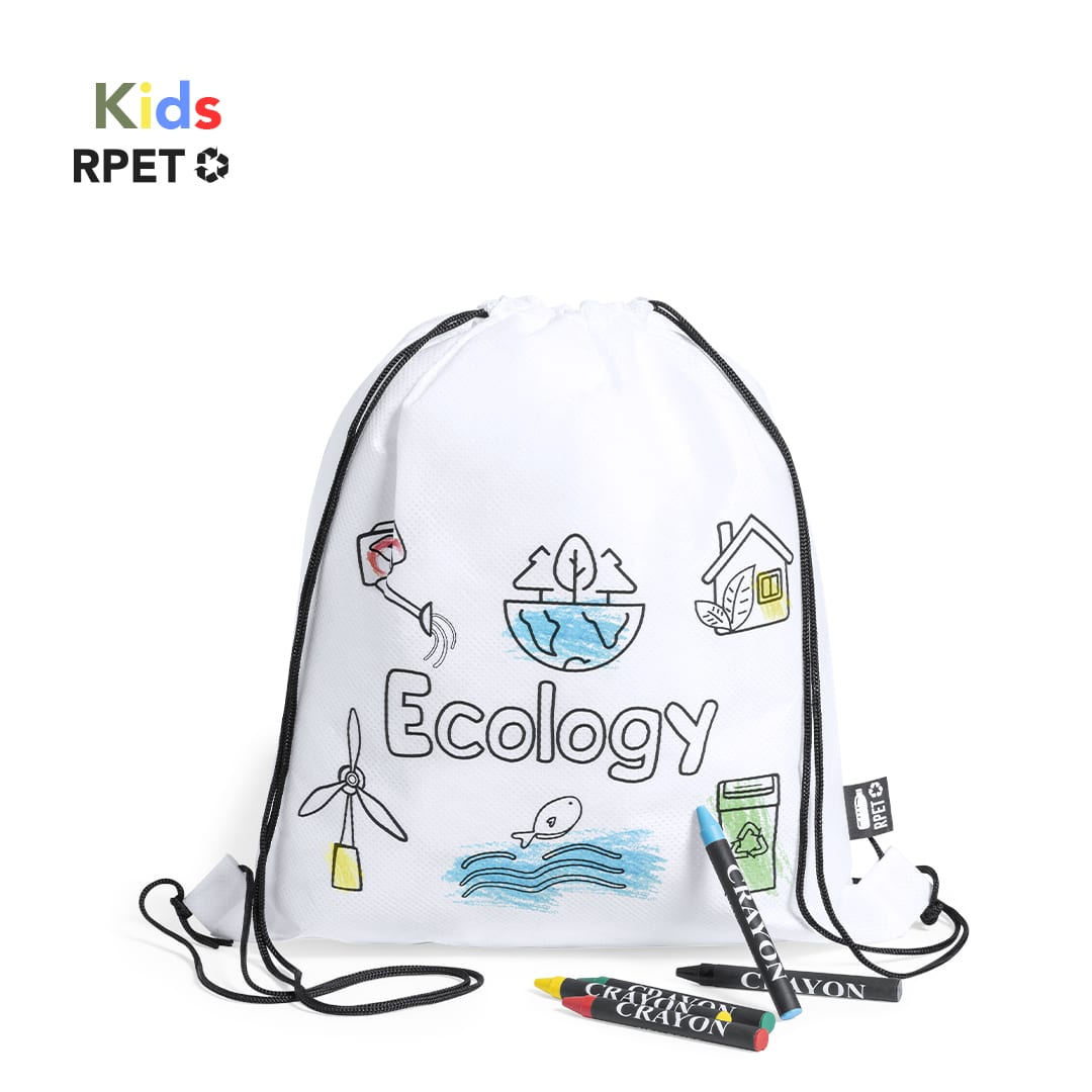 A white drawstring bag featuring an ecology design and a logo, accompanied by coloured crayons. Balard Drawstring Bag - Image 1