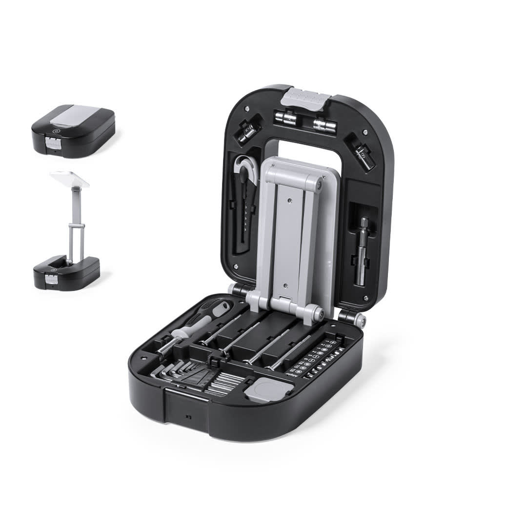 A compact black tool set featuring various tools and a built-in organiser, with a branded logo on the outside. Teigel Tool Set - Image 1