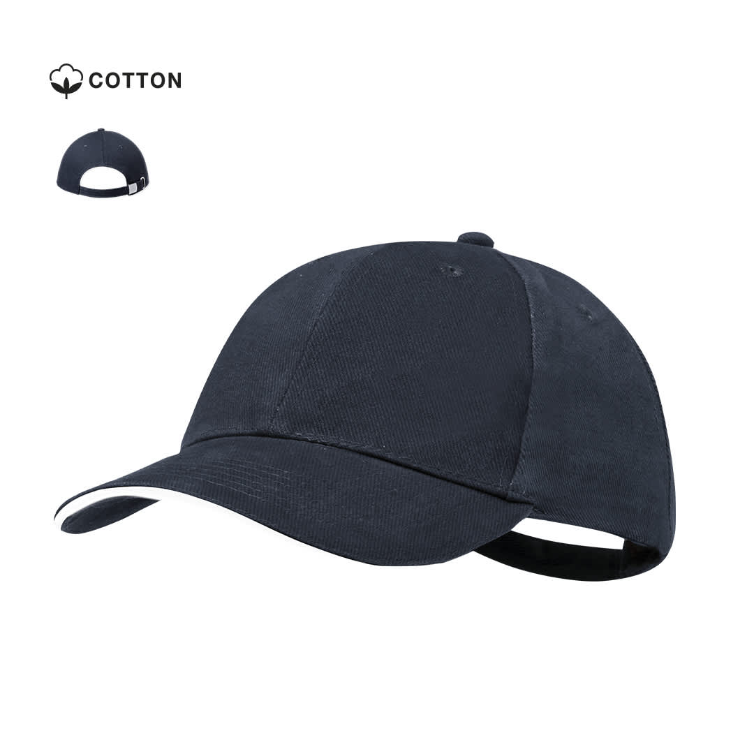 A navy cap with a curved brim and an adjustable strap at the back, featuring a logo. Linnea Cap - Image 1