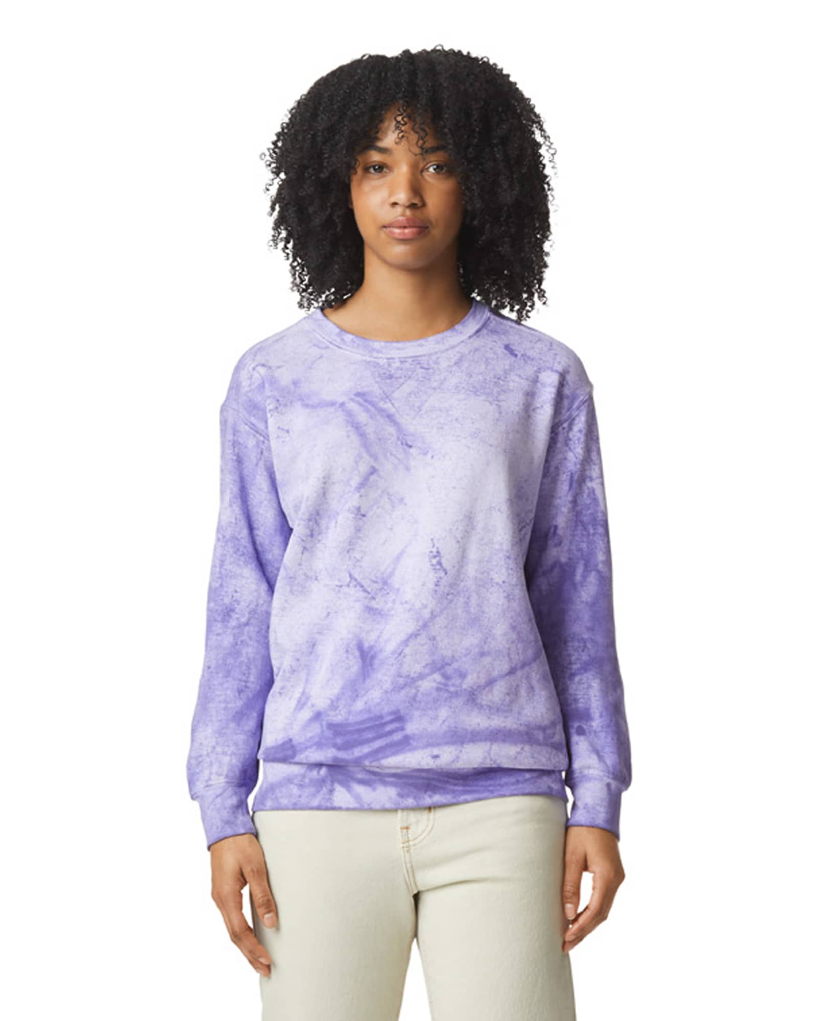 A purple tie-dye crewneck sweatshirt with long sleeves, featuring a logo on the front. Adult Color Blast Crewneck Sweatshirt - Image 1