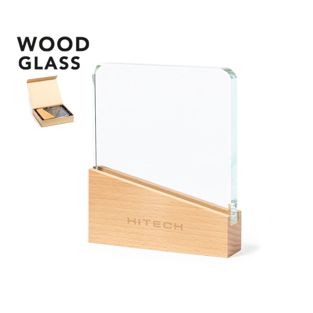 A clear glass plaque with a light wooden base, presented in a box. Features a logo on the base. Vertu Plaque - Image 1