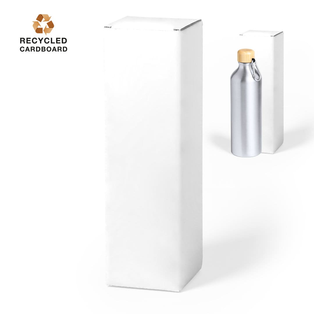 A white gift box made of recycled cardboard with a silver drink bottle beside it. Kuolux Gift Box - Image 1