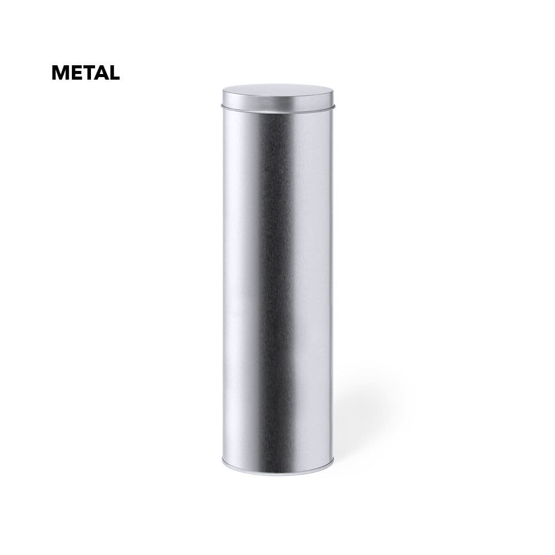 A sleek silver metal gift box, cylindrical in shape, designed for packaging writing instruments. Kannus Gift Box - Image 1