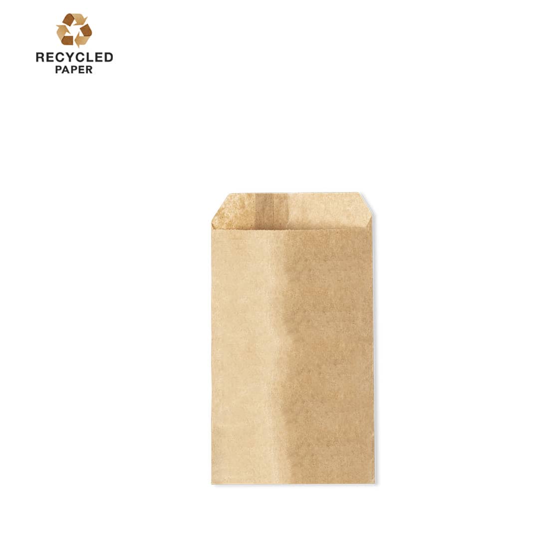 A brown paper bag made from recycled paper, featuring a flap opening and a logo at the top. Teiker Bag - Image 1