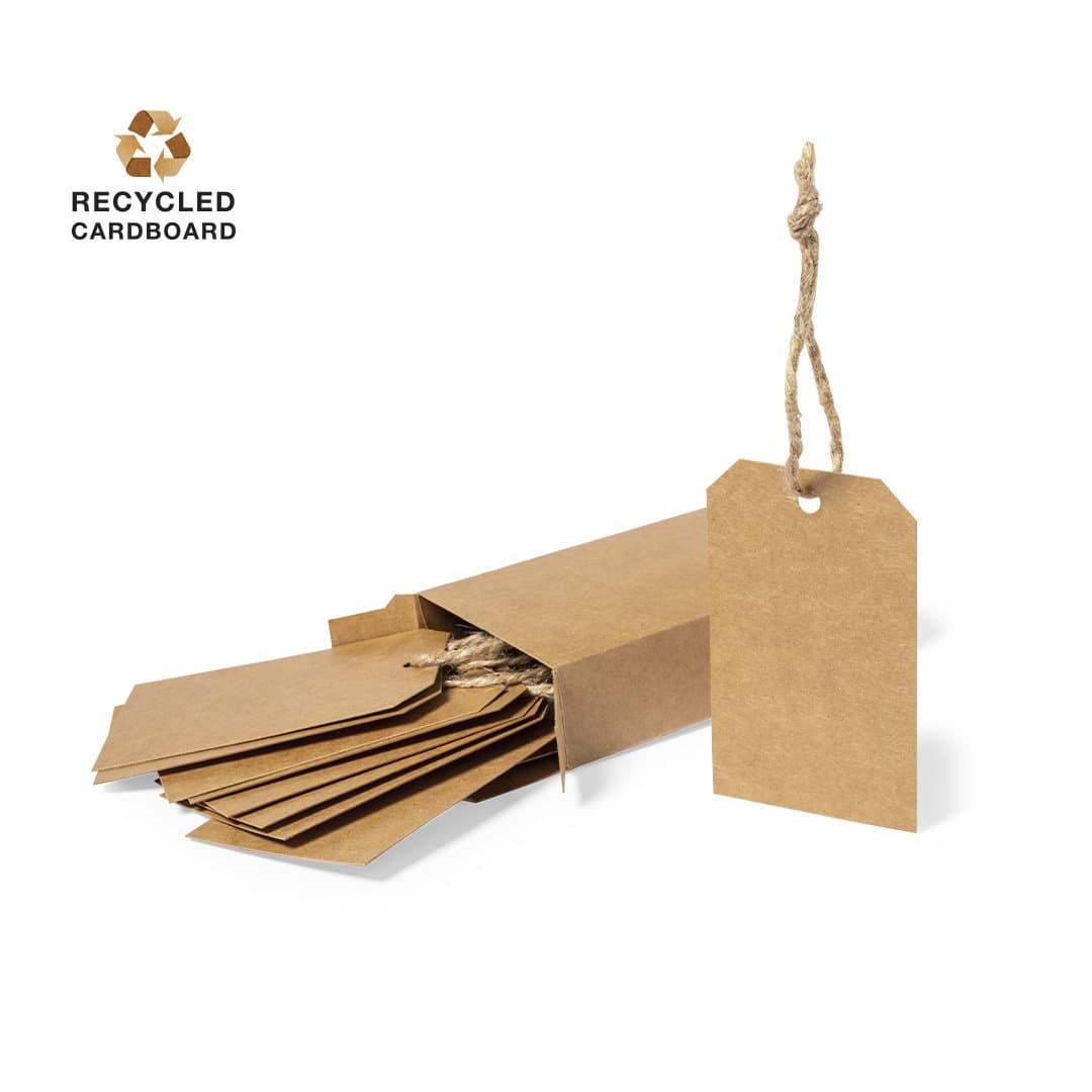 A set of brown, recycled cardboard hangtags with twine, stored in an open box. Qualix Gift Hangtags Set - Image 1