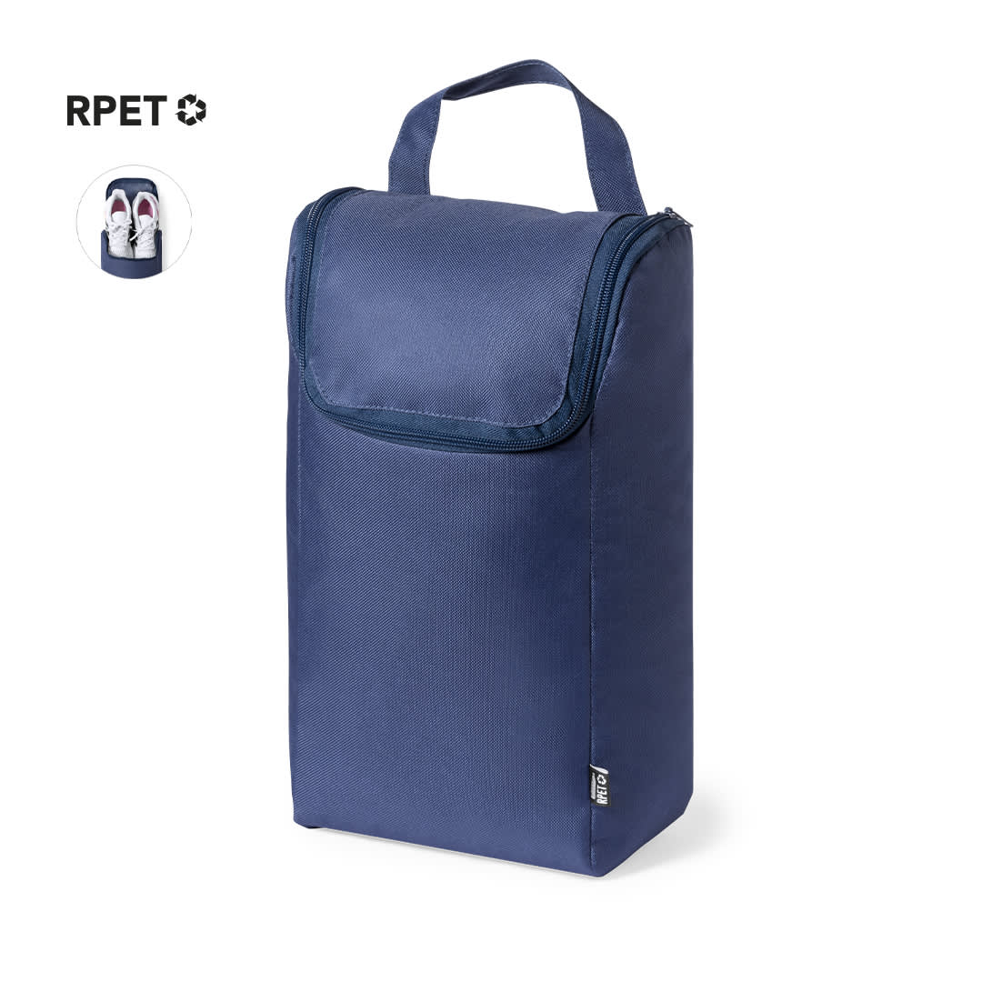 A navy blue shoe bag with a zip closure and handle, featuring a logo on the side. Helanor Shoe Bag - Image 1