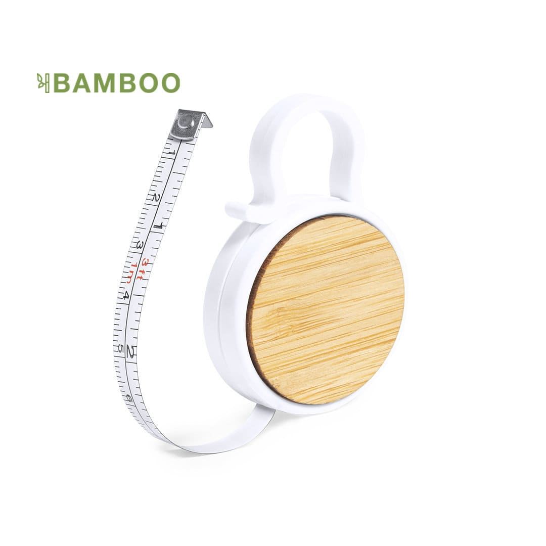 A tape measure with a wooden circular casing in beige and a white plastic holder. It features a measuring tape. Lusim 1m - Image 1