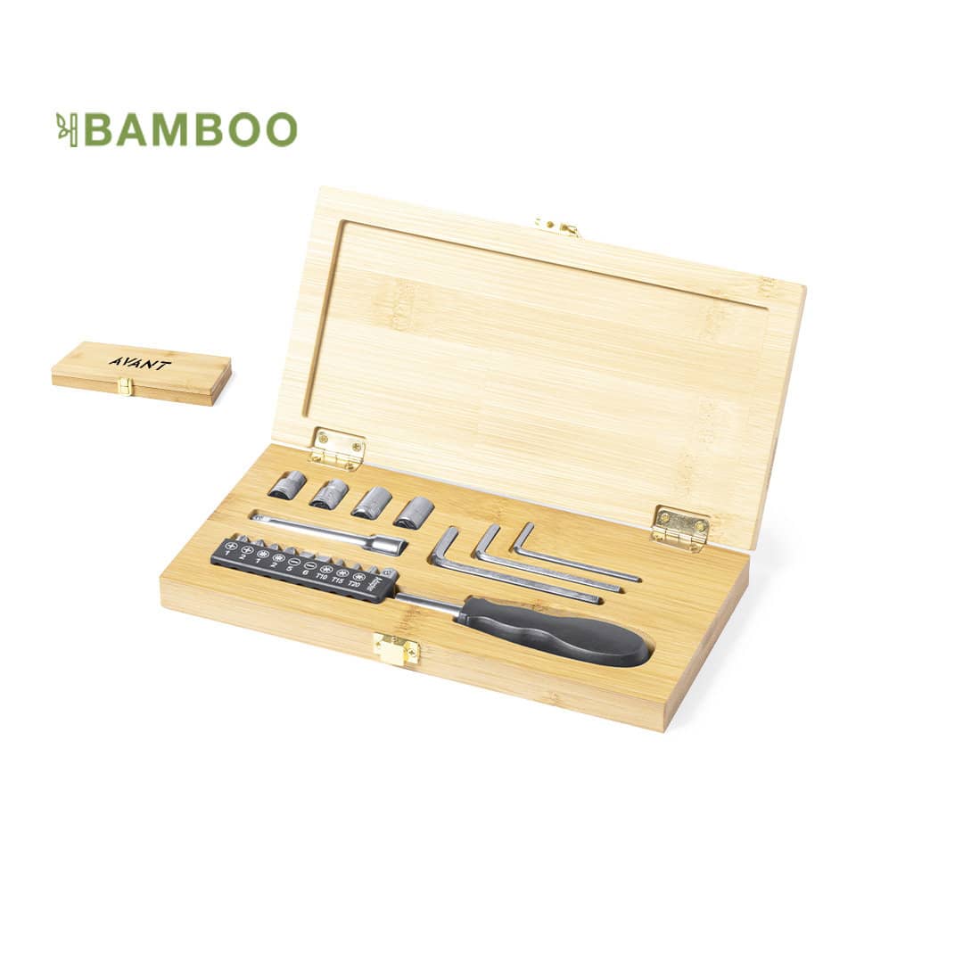 A bamboo toolbox with a black handle and various screwdriver bits and hex keys inside. It features a logo. Raylok - Image 1